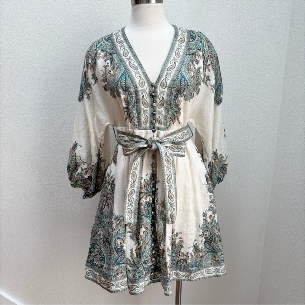 Zimmermann Brighton Mini Dress Boho Floral Designer Linen Teal Blue Cream Size 6